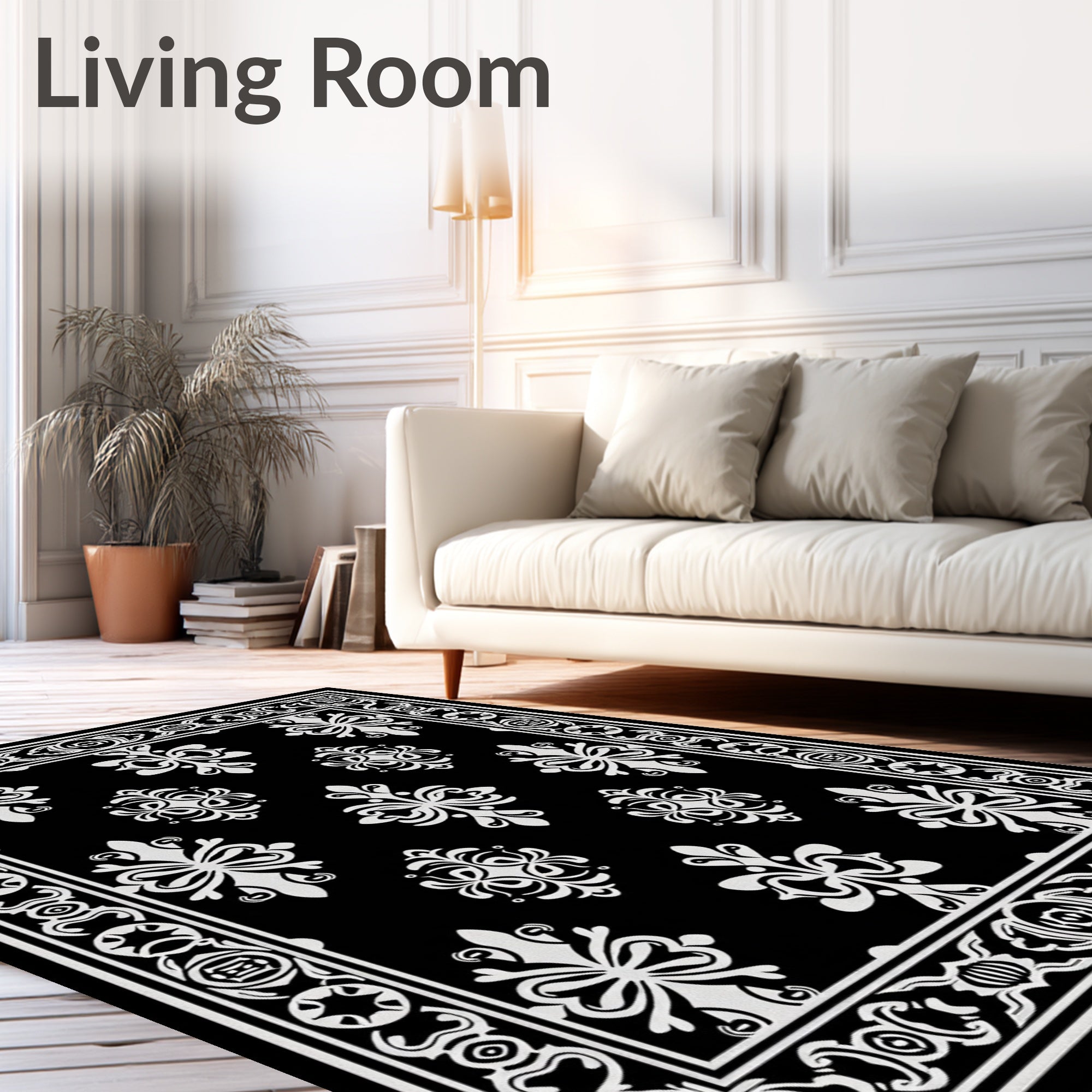 Black White Classic Floral Motif Rug