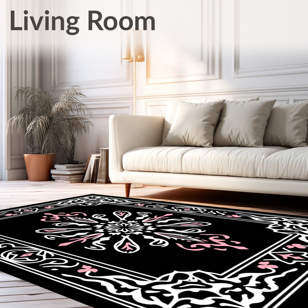 Black White Pink Floral Medallion Border Rug