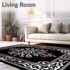Black White Pink Floral Medallion Border Rug
