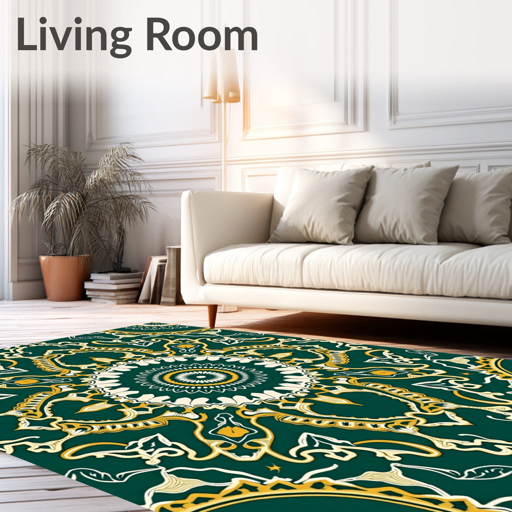Emerald and Gold Ornate Mandala Design Rug