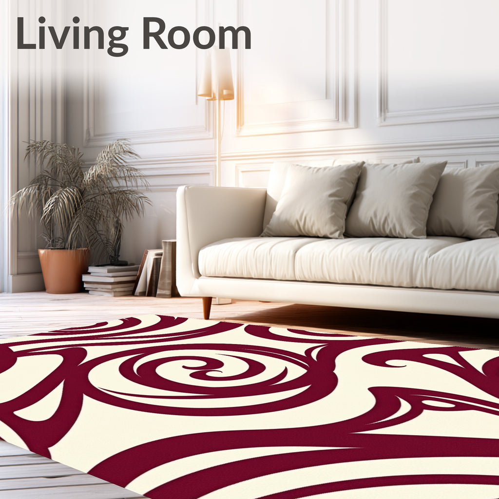 Deep Red Swirls on Cream Canvas Rug