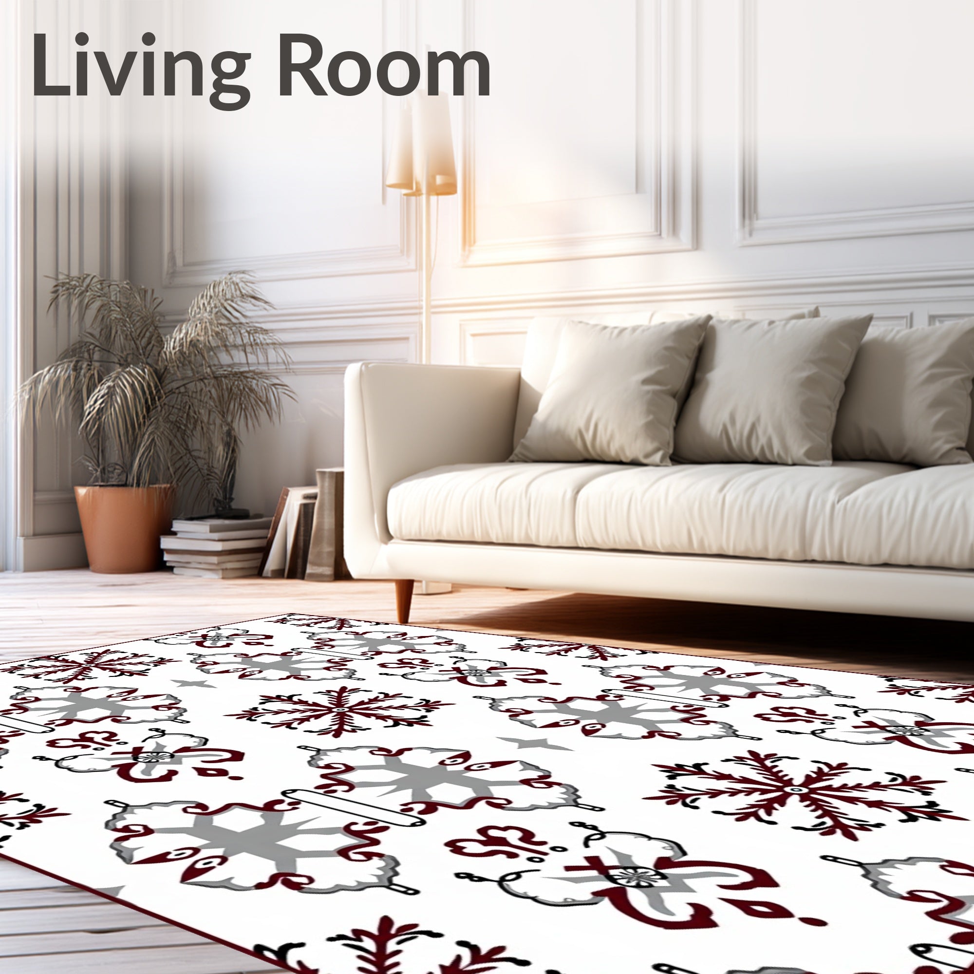 Crimson Gray Snowflake Mandala Art Rug