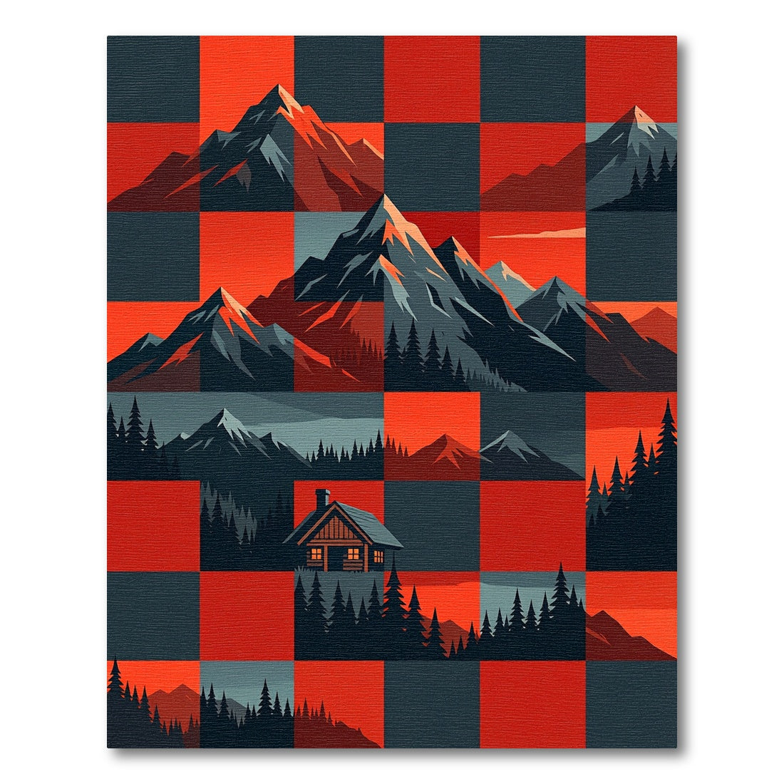 Rustic Red Black Mountain Cabin Landscape Rug