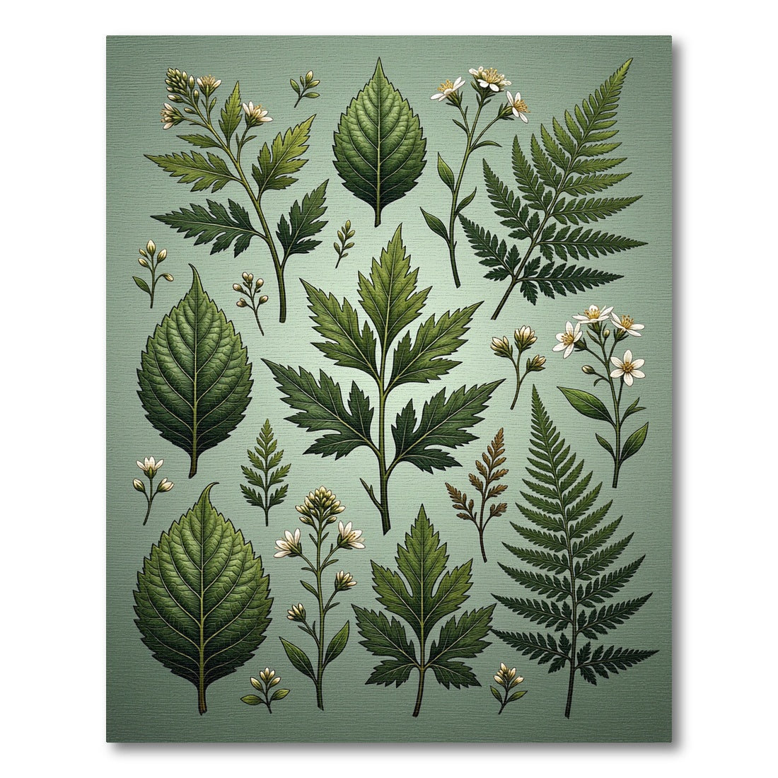 Botanical Sage Pressed Fern Leaf Illustration Rug
