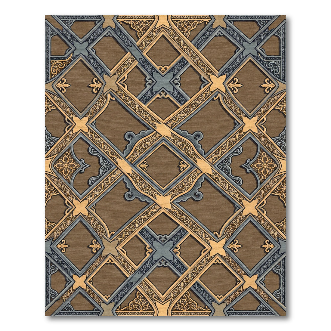 Ornate Brown Gold Blue Lattice Rug