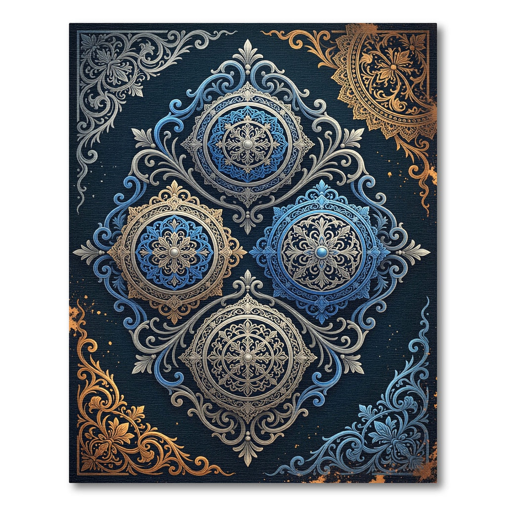 Elegant Blue Golden Ornate Medallion Rug