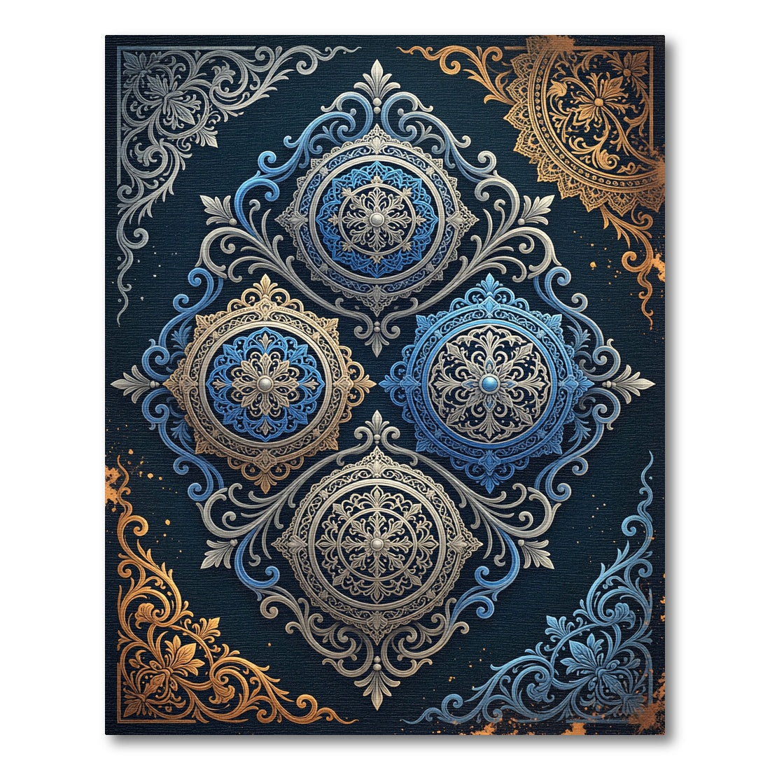 Elegant Blue Golden Ornate Medallion Rug