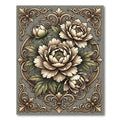 Elegant Gold Floral Peony Frame Rug