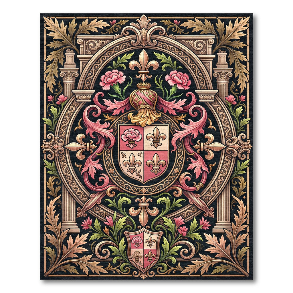 Ornate Pink Floral Crest Emblem Rug