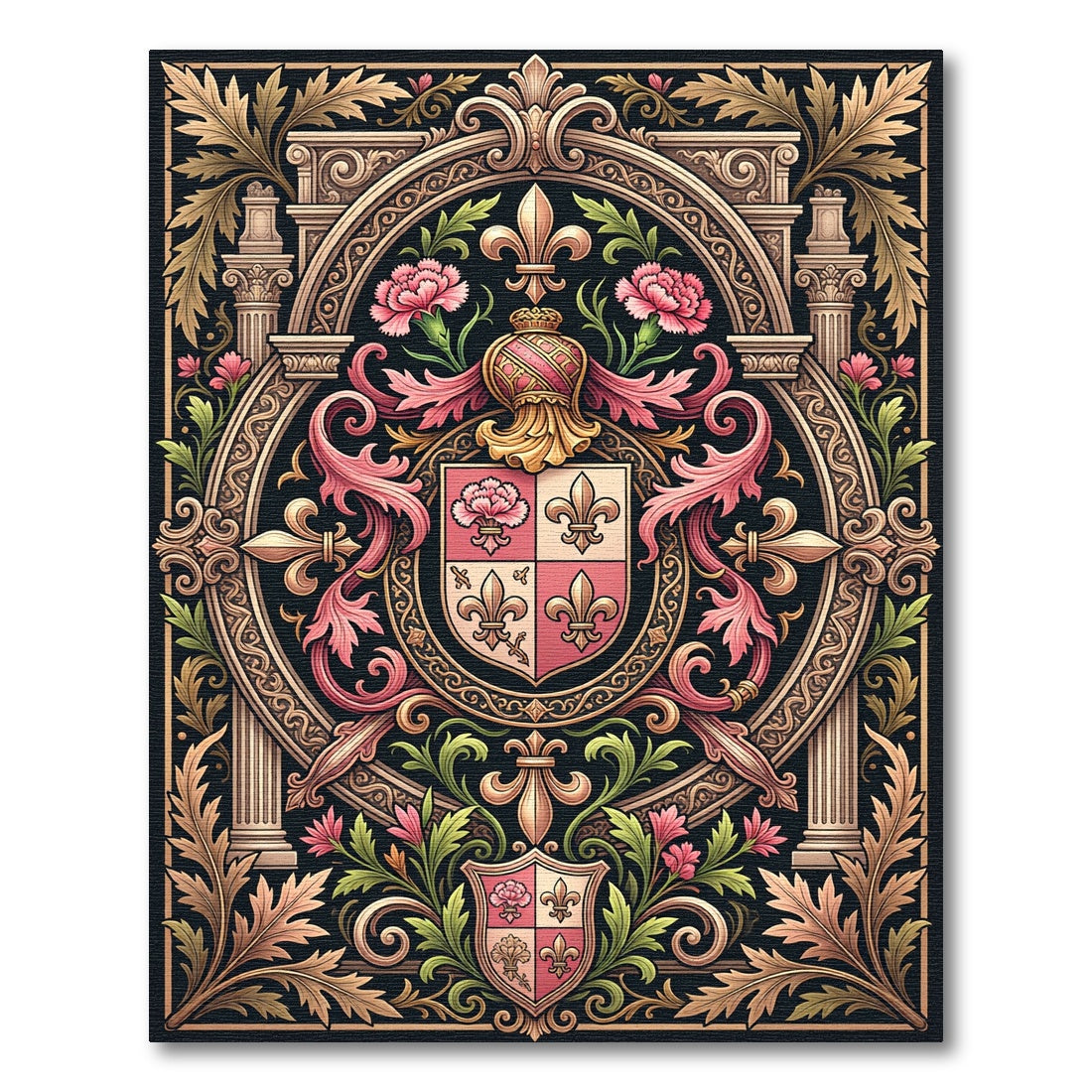 Ornate Pink Floral Crest Emblem Rug