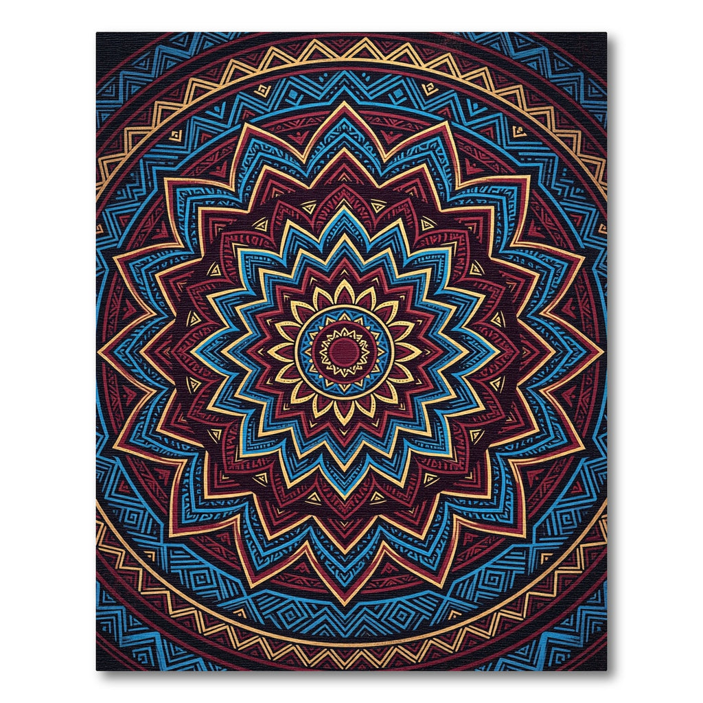 Maroon Blue Gold Sunburst Mandala Rug