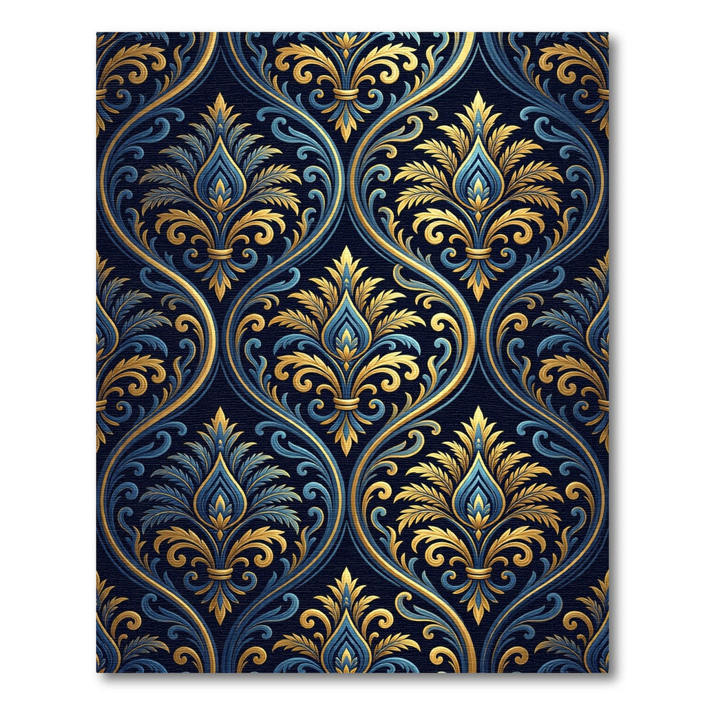 Elegant Navy and Gold Damask Swirl Rug