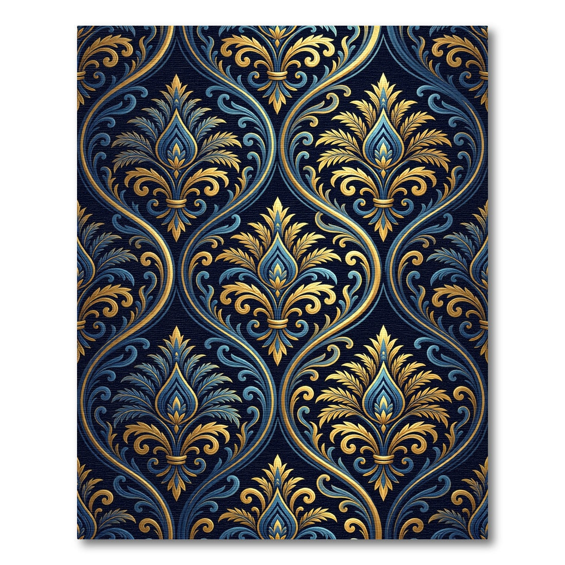 Elegant Navy and Gold Damask Swirl Rug