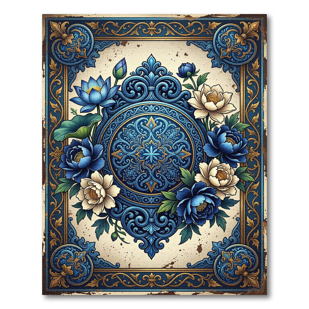 Elegant Blue Floral Medallion Scrollwork Rug