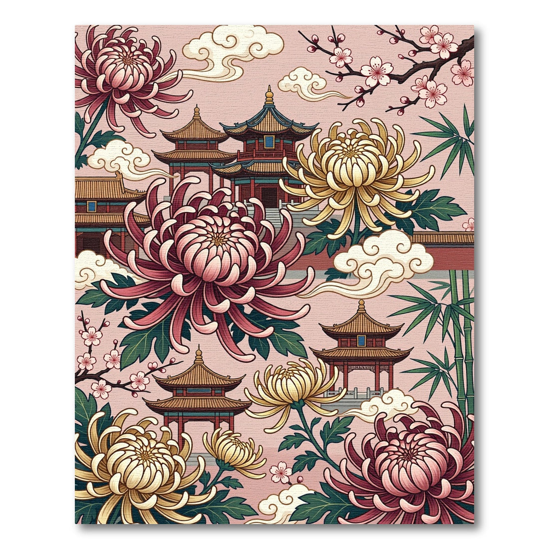 Asian Pagoda Chrysanthemum Garden Scene Rug