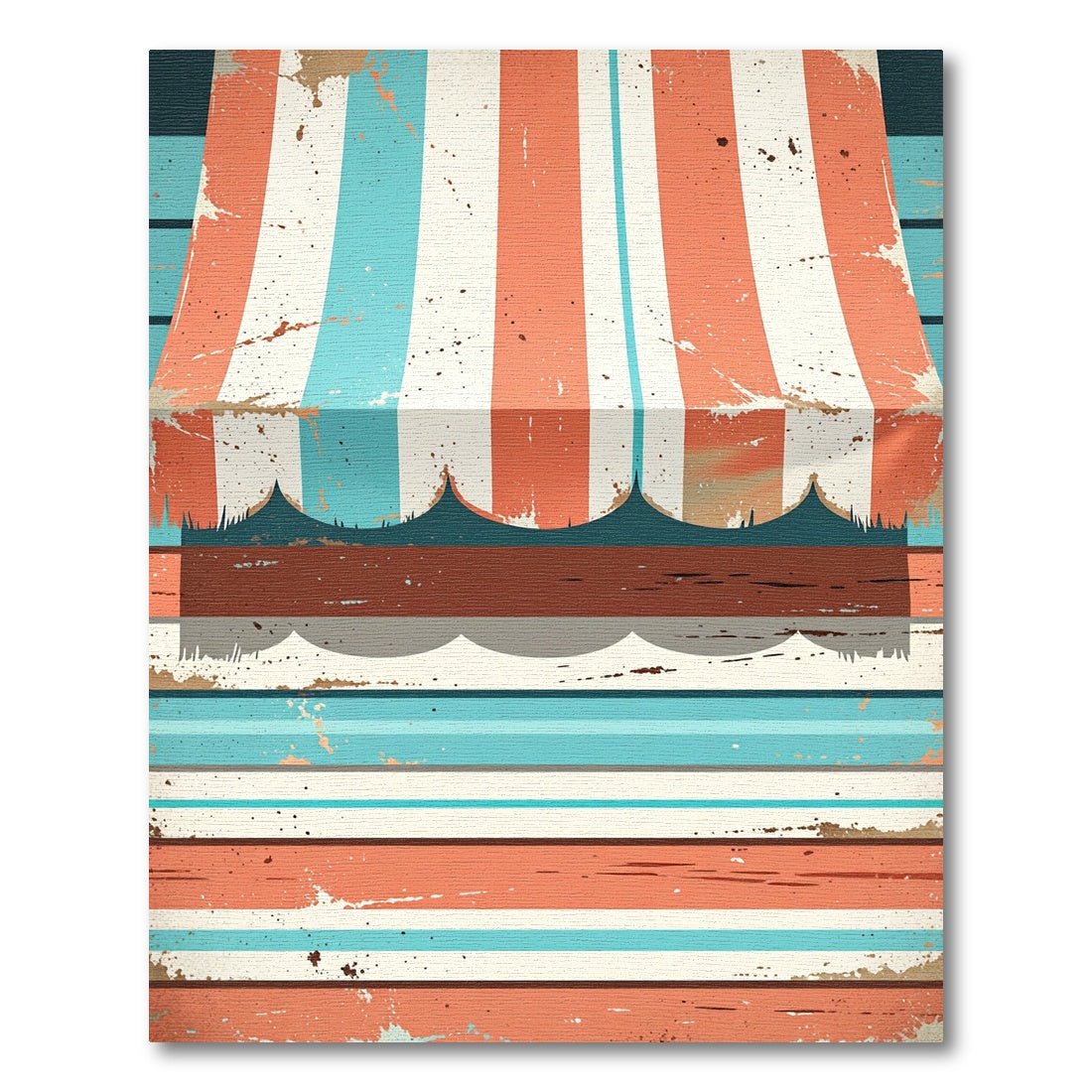 Vintage Distressed Coral and Teal Striped Awning Rug