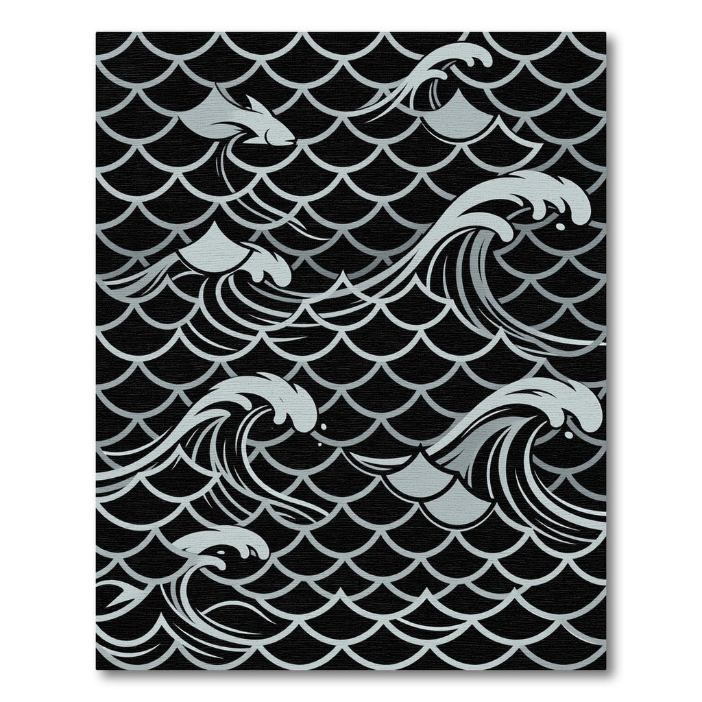 Silver Fish Waves on Black Background Rug