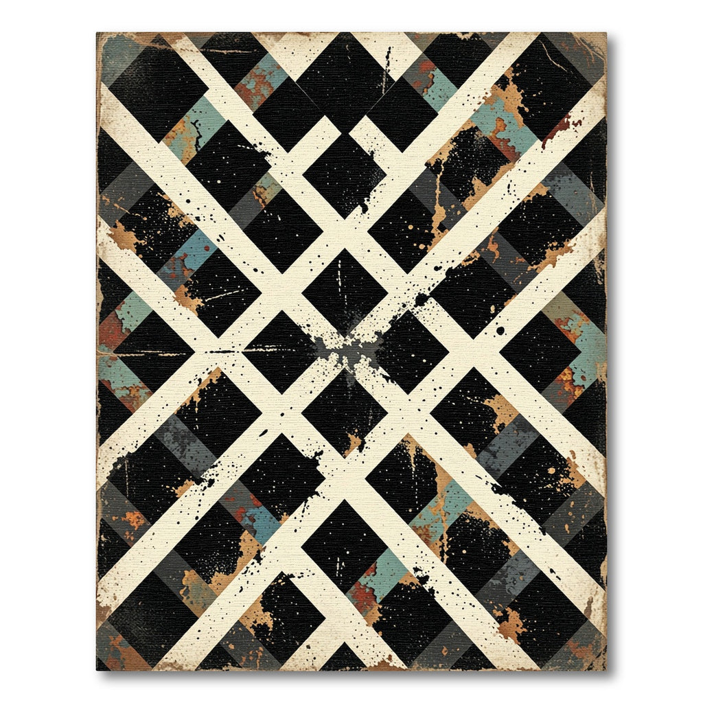Distressed White Lattice Black Squares Rug