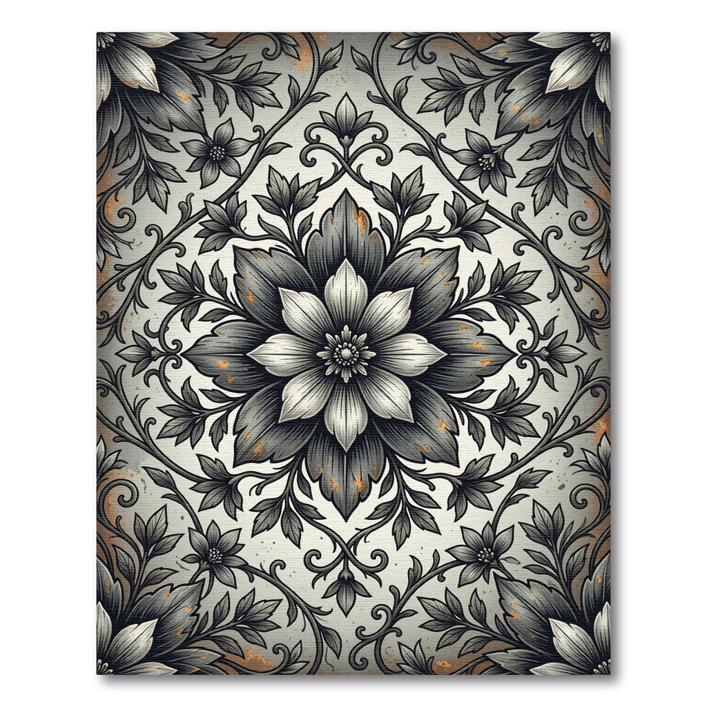 Sophisticated Charcoal Floral Damask Scroll Rug