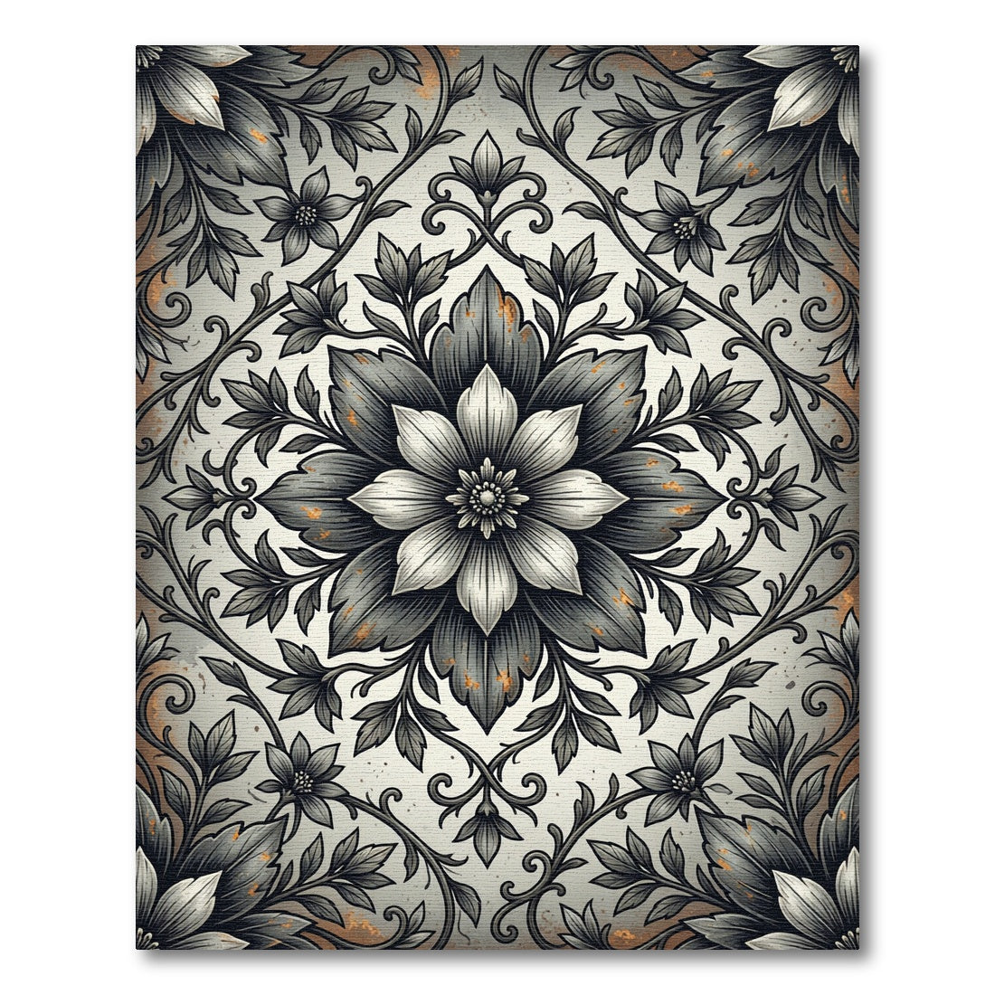 Sophisticated Charcoal Floral Damask Scroll Rug