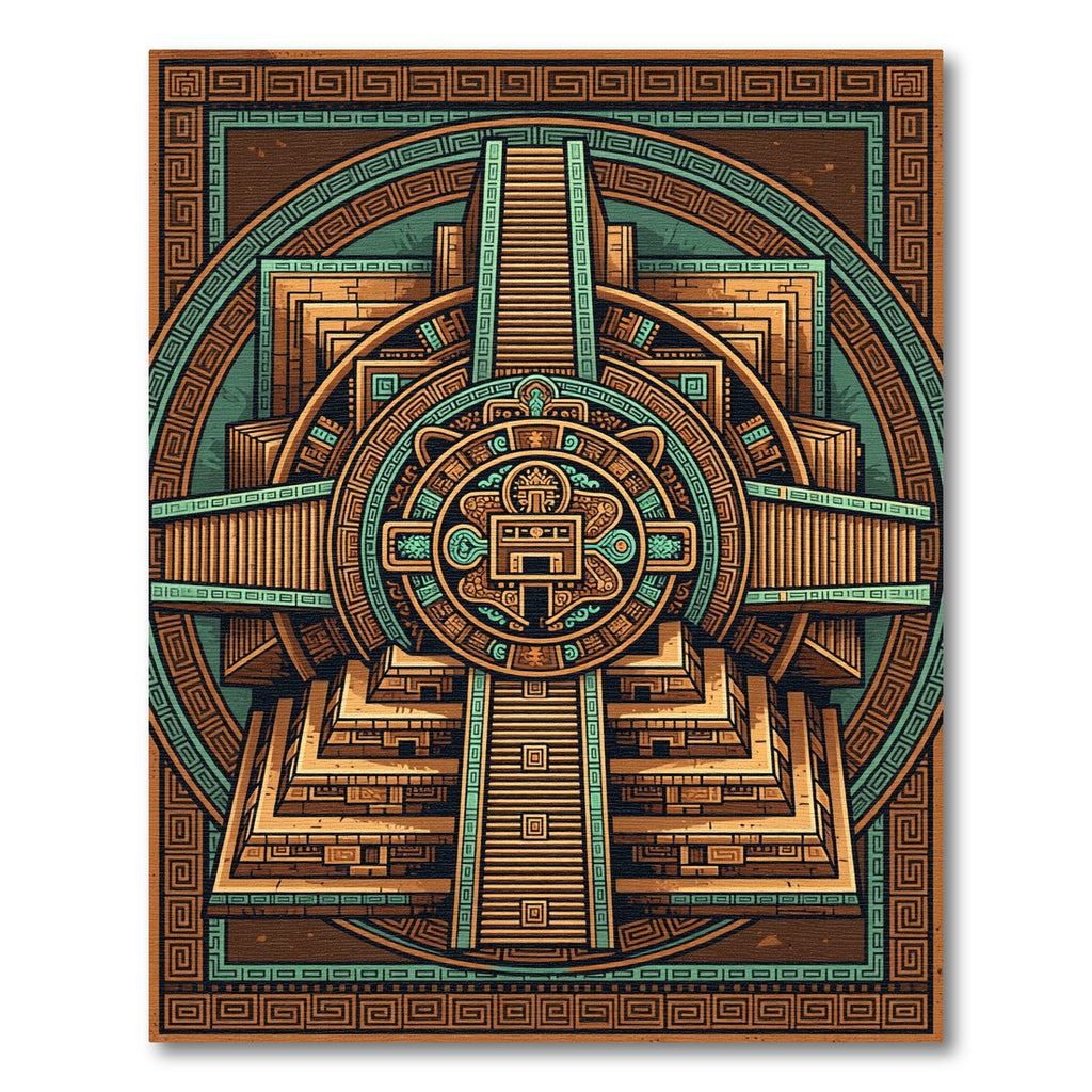 Ancient Aztec Sun Step Temple Art Rug