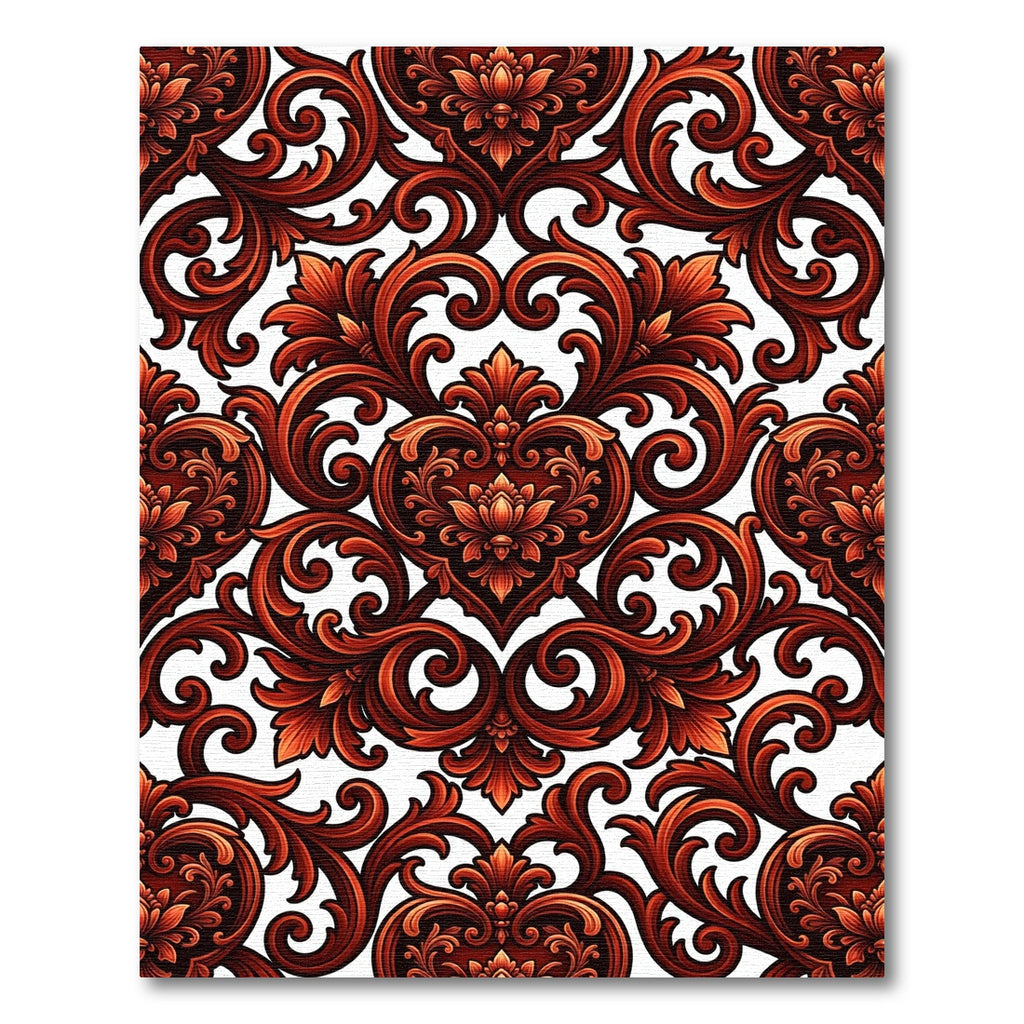 Ornate Crimson Damask Heart Scroll Rug