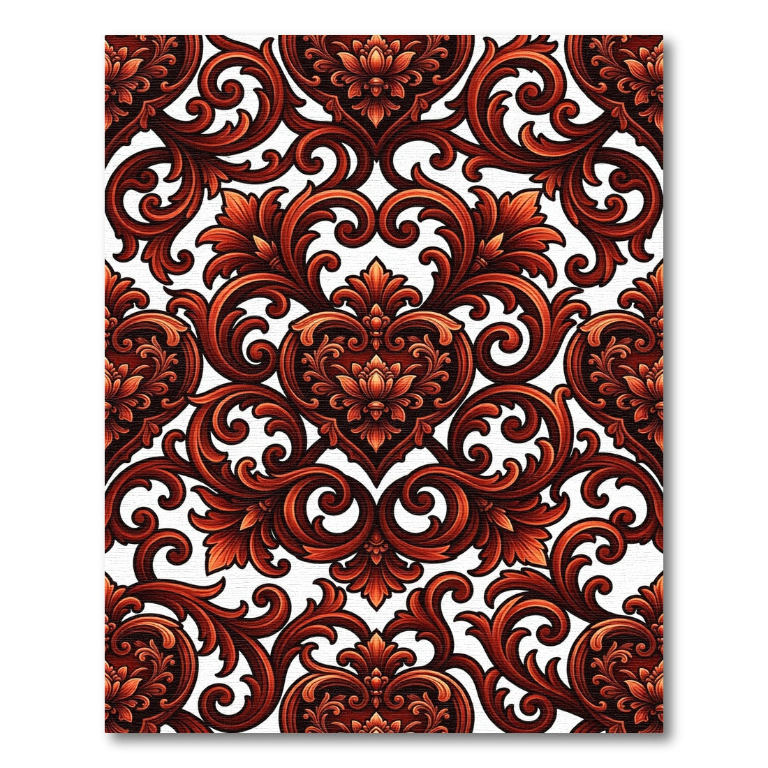 Ornate Crimson Damask Heart Scroll Rug