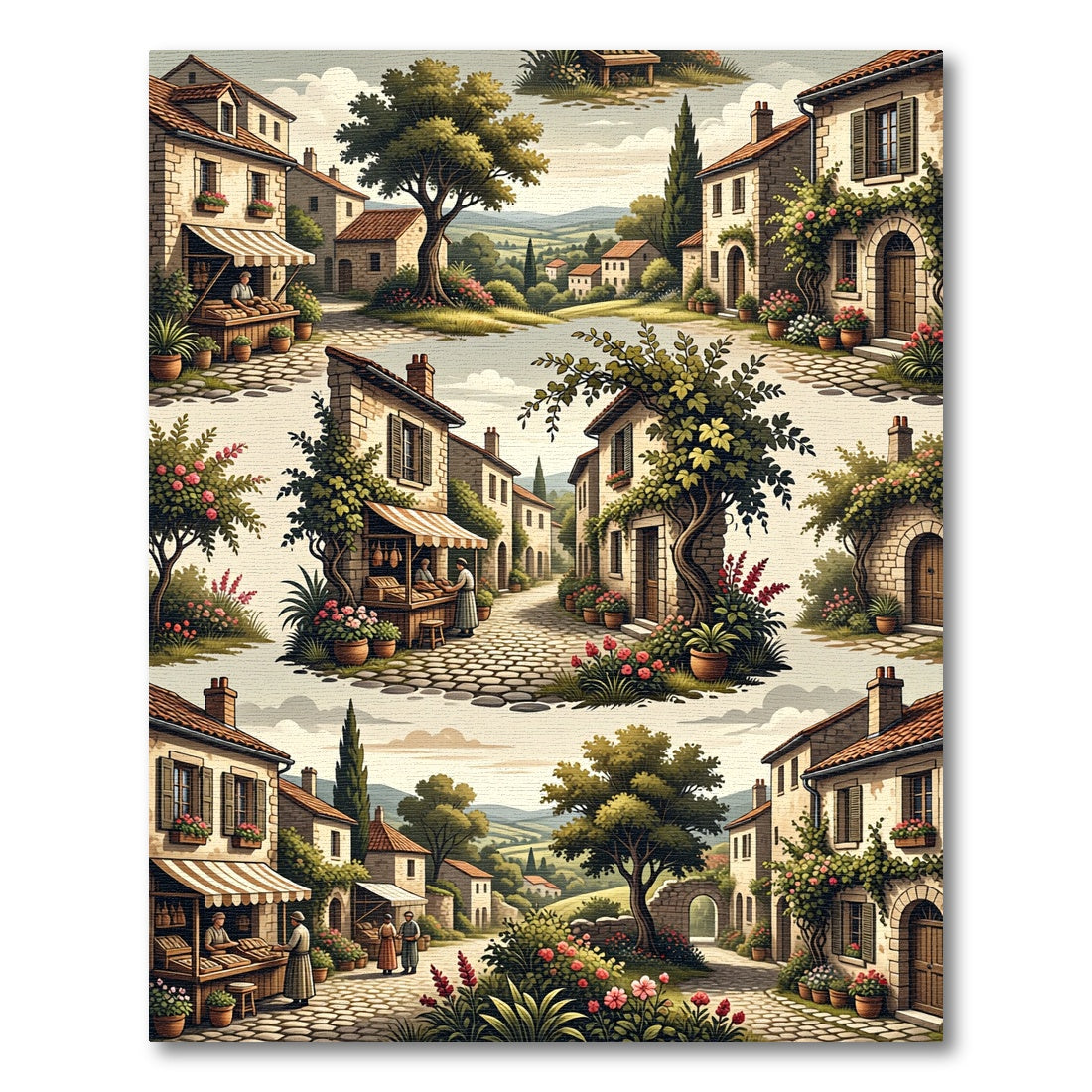 Tuscan Village Scene Floral Arch Rug