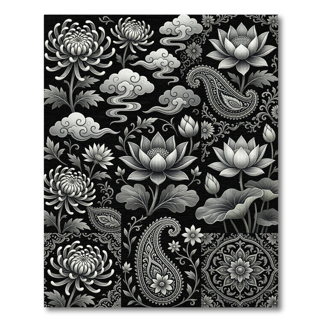 Monochromatic Floral Paisley Cloud Collage Rug