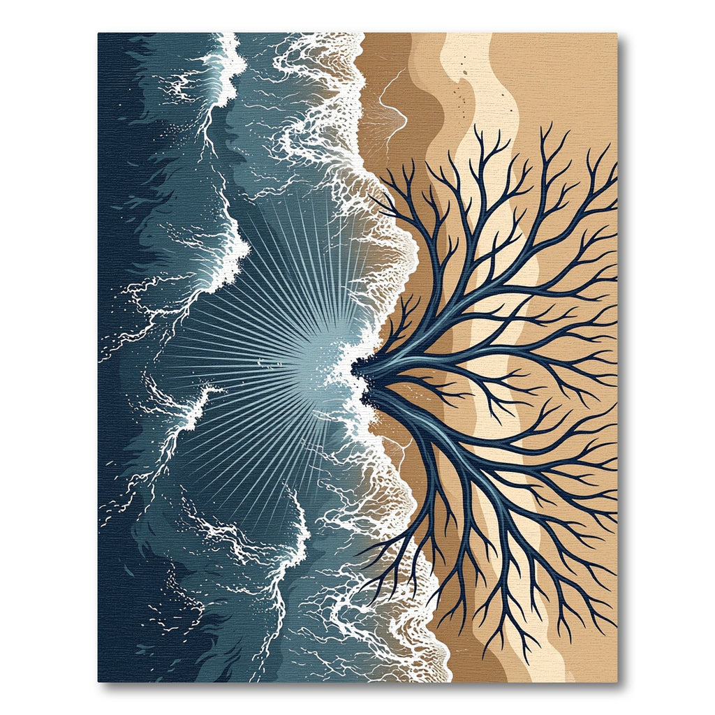 Abstract Coastal Wave and Tree Rug