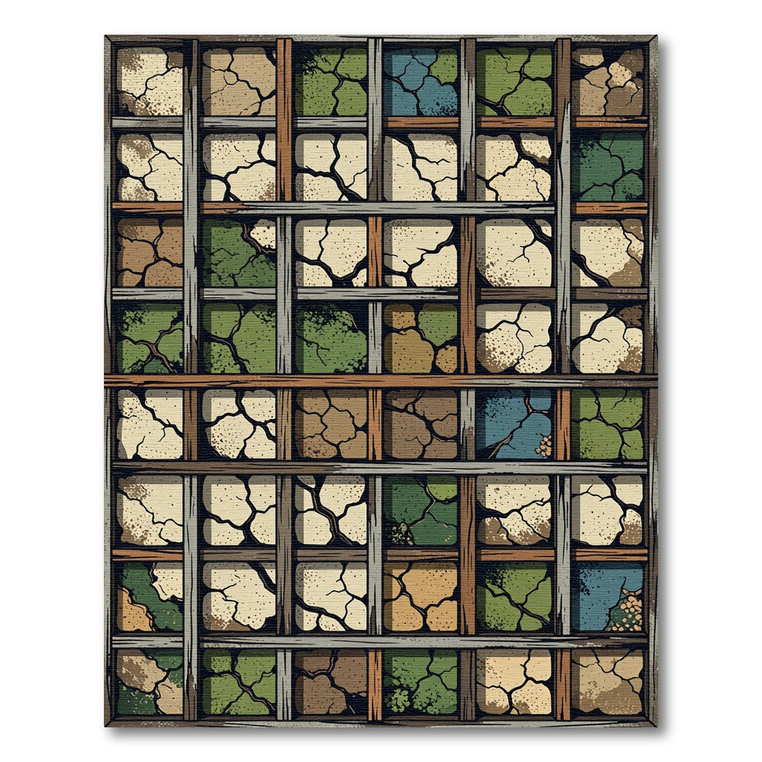 Cracked Earth Tiles In Wood Grid Rug