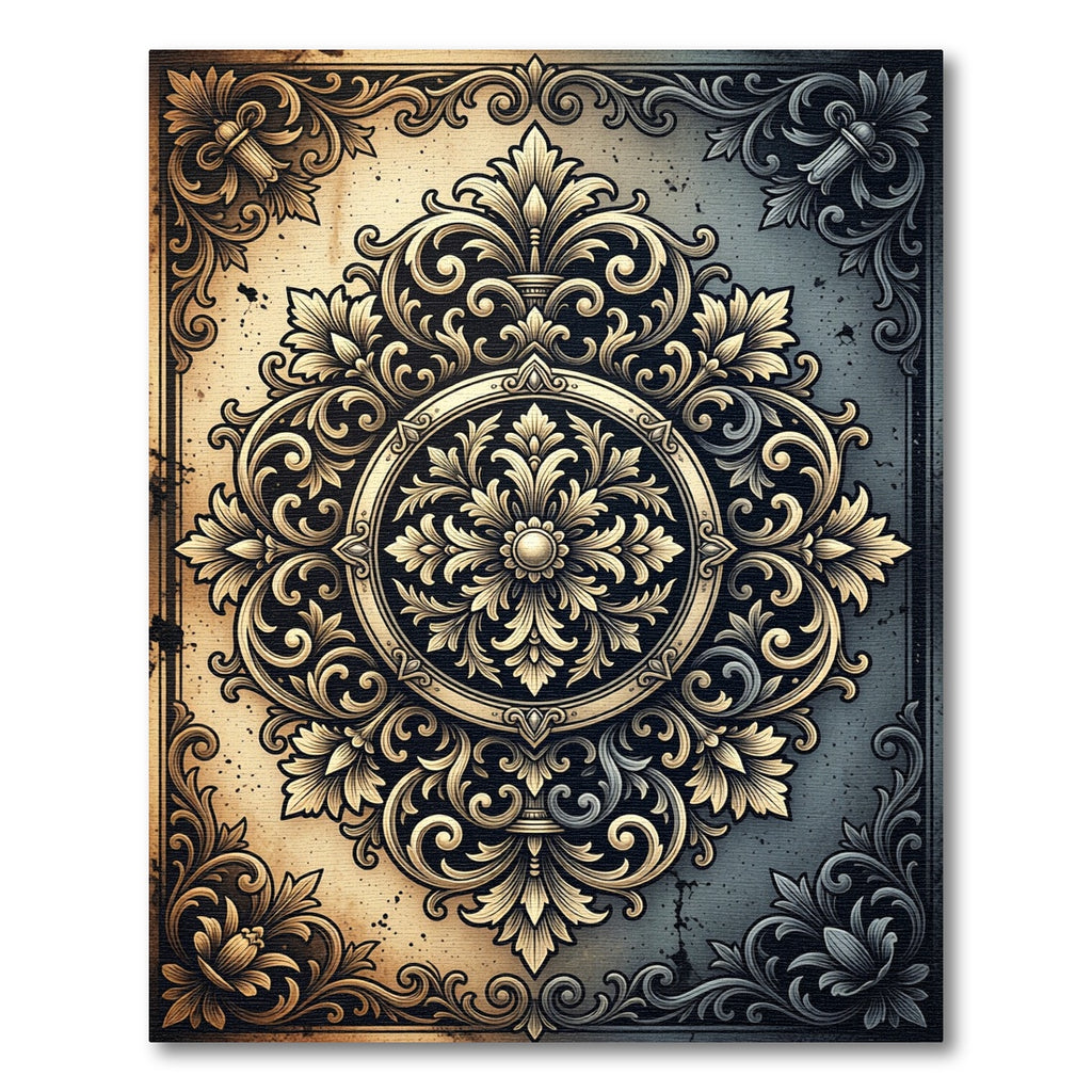Elegant Gold Silver Ornate Medallion Rug