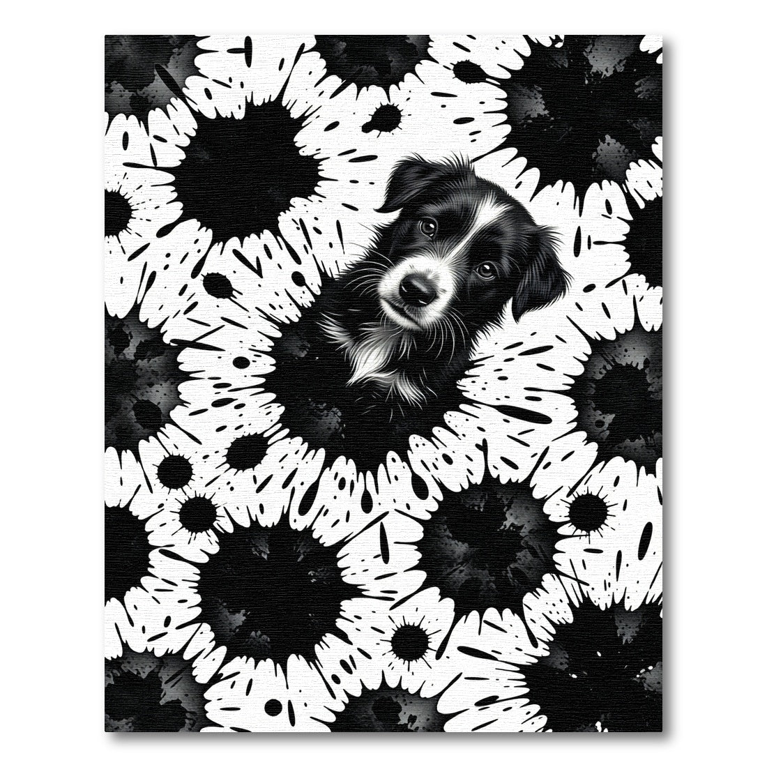 Black White Splatter Dog Portrait Rug