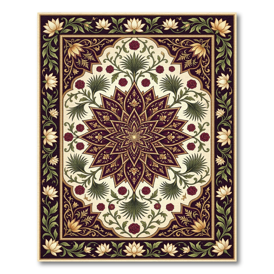 Ornate Floral Medallion Burgundy Ivory Rug
