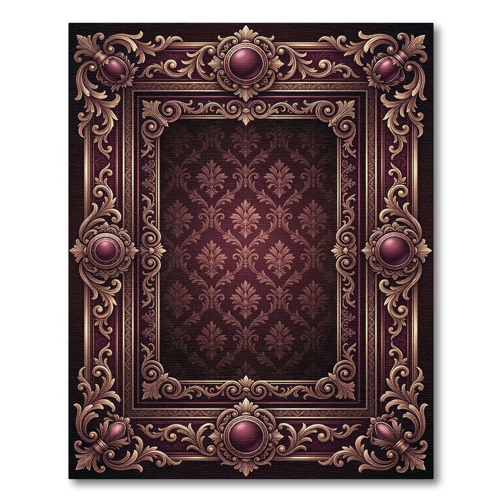 Ornate Burgundy Damask Royal Frame Rug