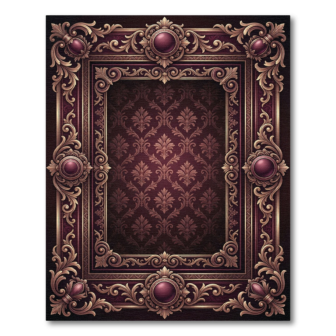 Ornate Burgundy Damask Royal Frame Rug