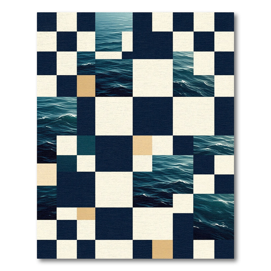 Geometric Ocean Wave Navy Checkerboard Rug