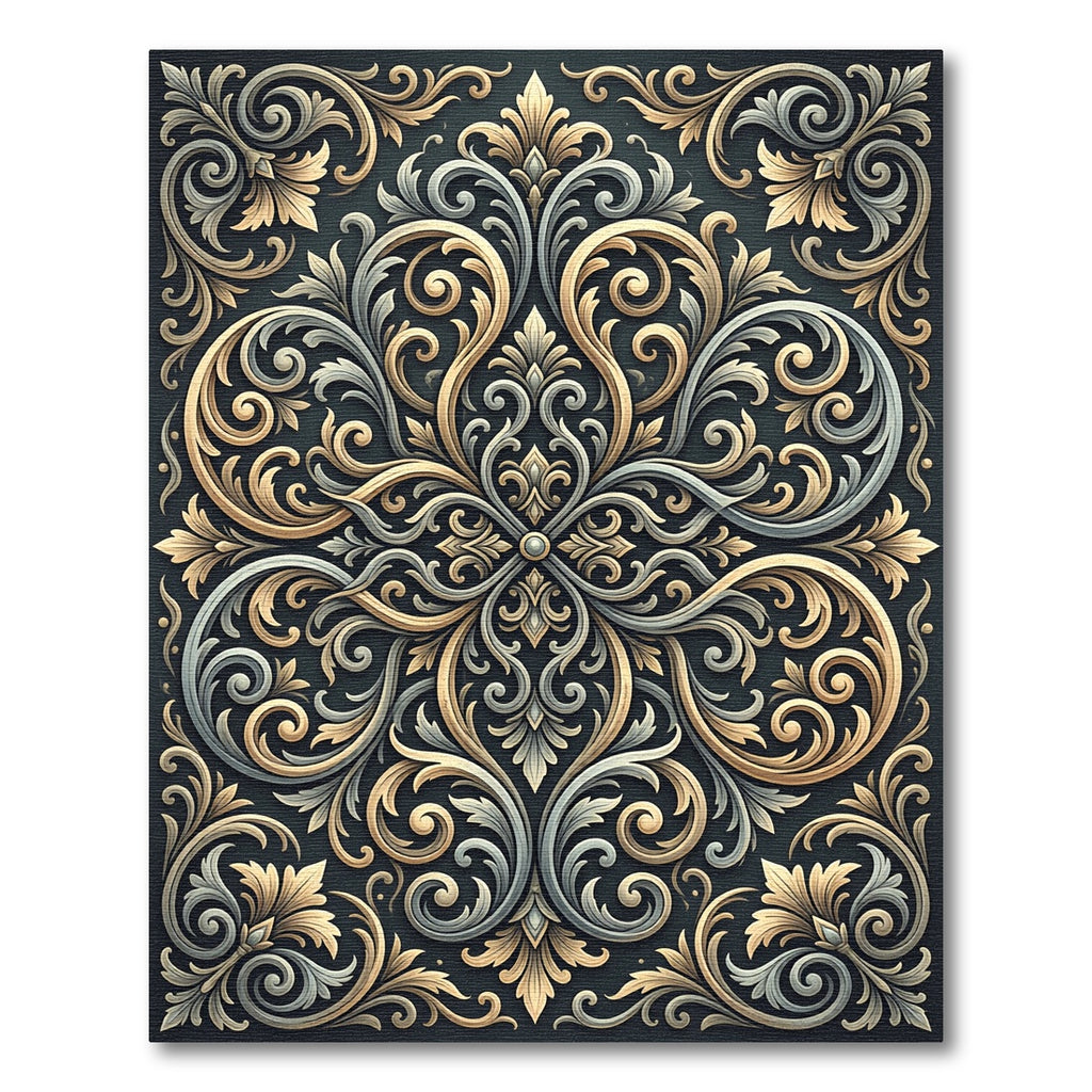 Ornate Gold Silver Scrollwork Rug