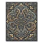 Ornate Gold Silver Scrollwork Rug
