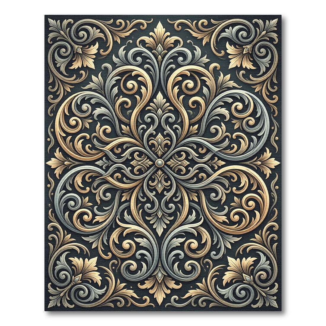 Ornate Gold Silver Scrollwork Rug
