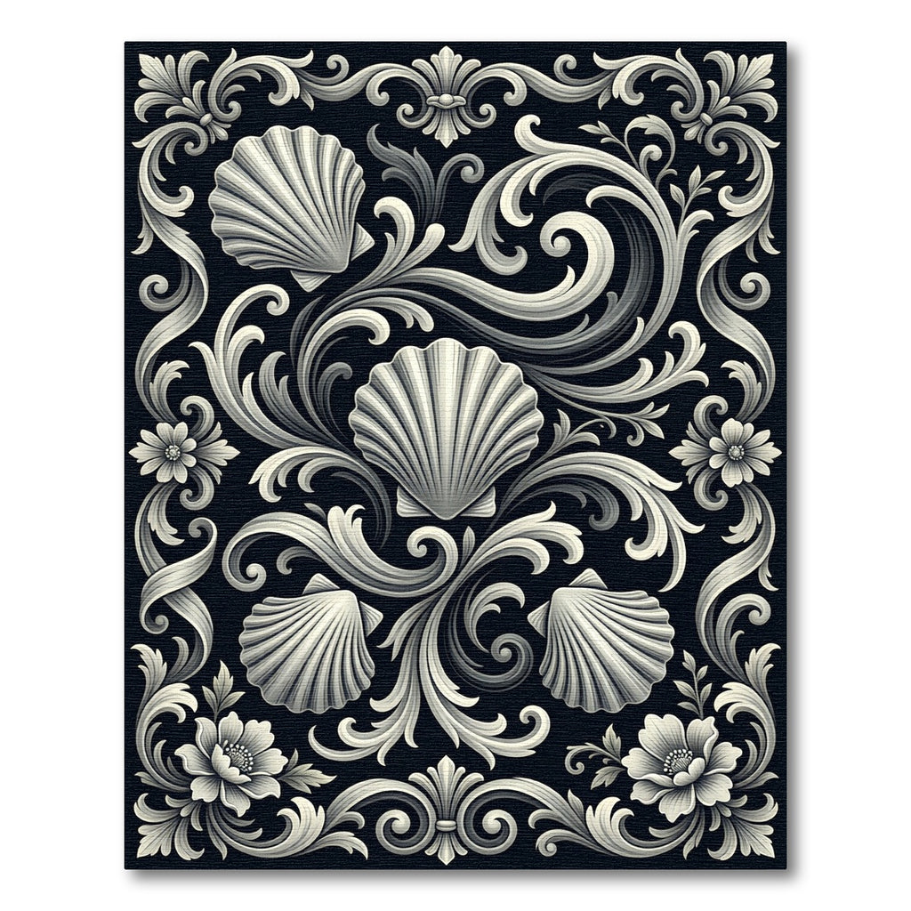 Elegant Monochrome Baroque Shell Scroll Rug