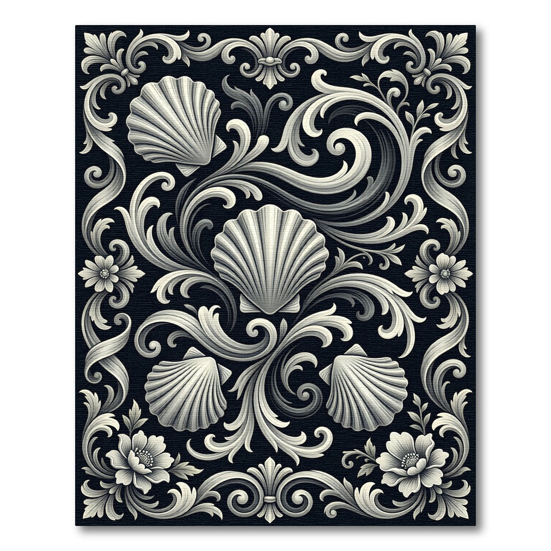 Elegant Monochrome Baroque Shell Scroll Rug