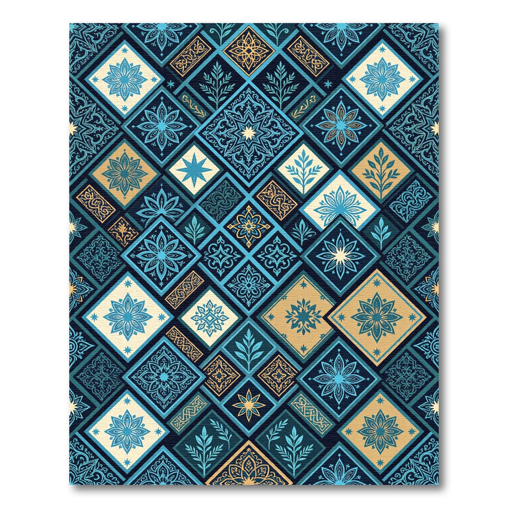 Azure Teal Golden Diamond Medallion Rug