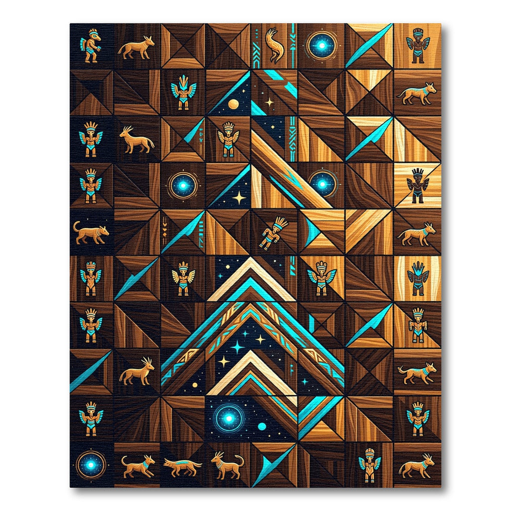 Celestial Gold Aztec Wooden Totem Mosaic Rug