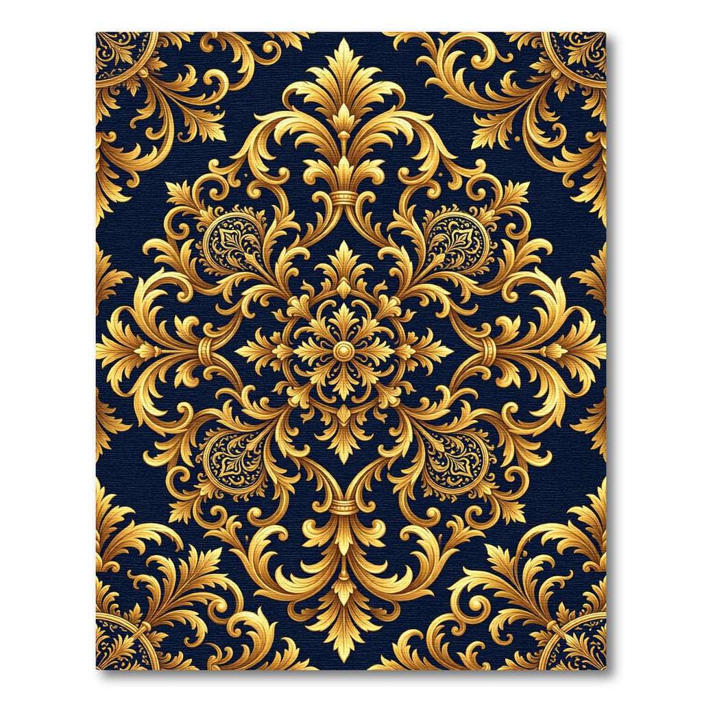 Ornate Gold Damask Navy Scroll Rug