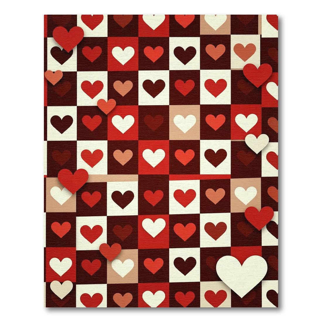 Red White Heart Checkerboard Contemporary Rug