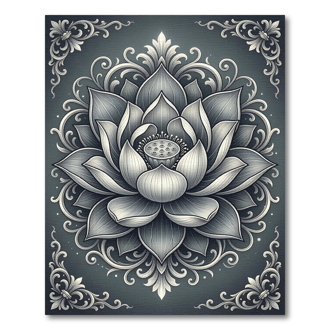 Elegant Charcoal Silver Lotus Medallion Rug