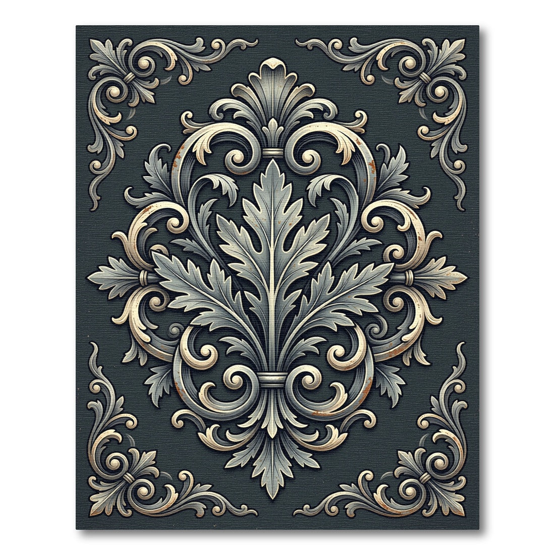 Elegant Charcoal Gray Damask Acanthus Scroll Rug