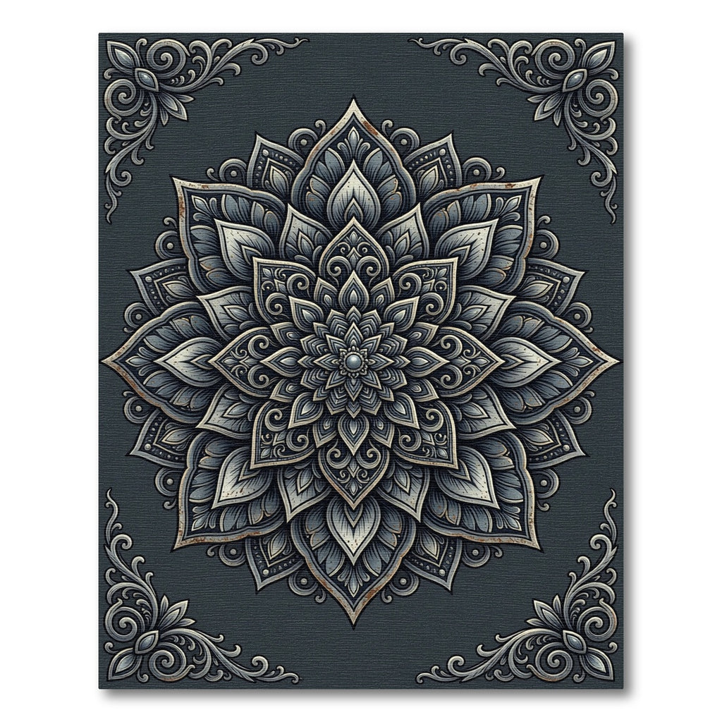 Sophisticated Charcoal Silver Floral Mandala Rug