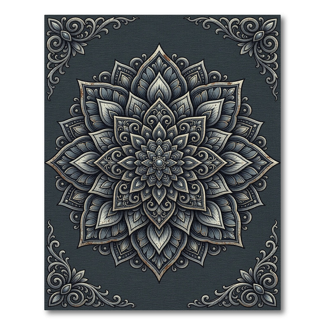 Sophisticated Charcoal Silver Floral Mandala Rug